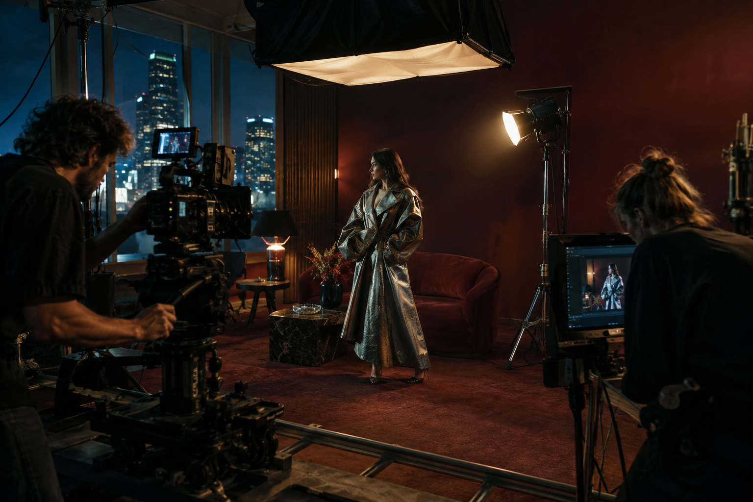 Concept fashion production with a camera crew, lighting setup and model on set